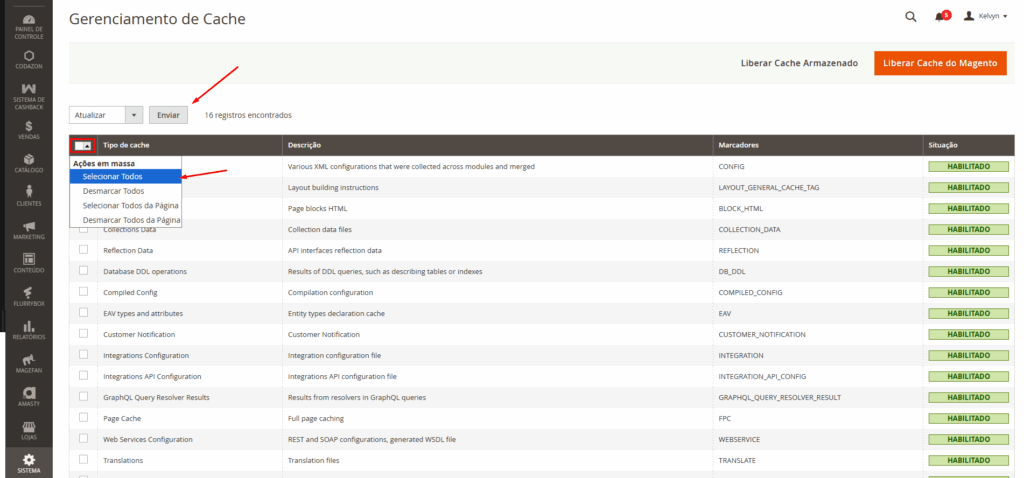 Tela de Gerenciamento de Cache do Magento com todos os caches selecionados.
