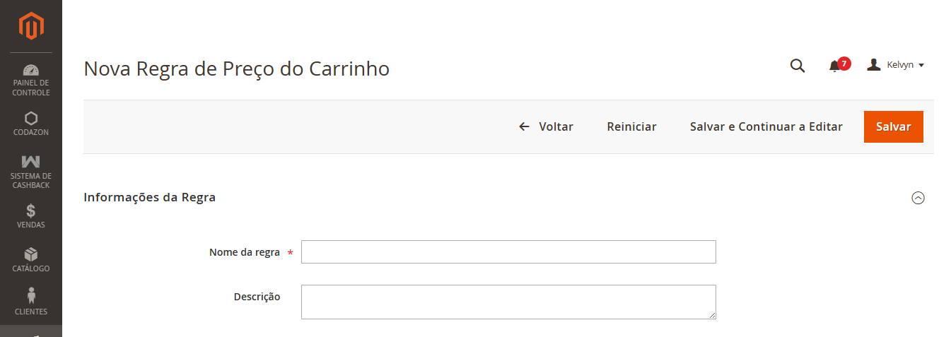 Screenshot do painel do Magento 2 mostrando o caminho de navegação: menu Marketing, depois Promoções e, por fim, a opção Regras de Preço do Carrinho destacada.