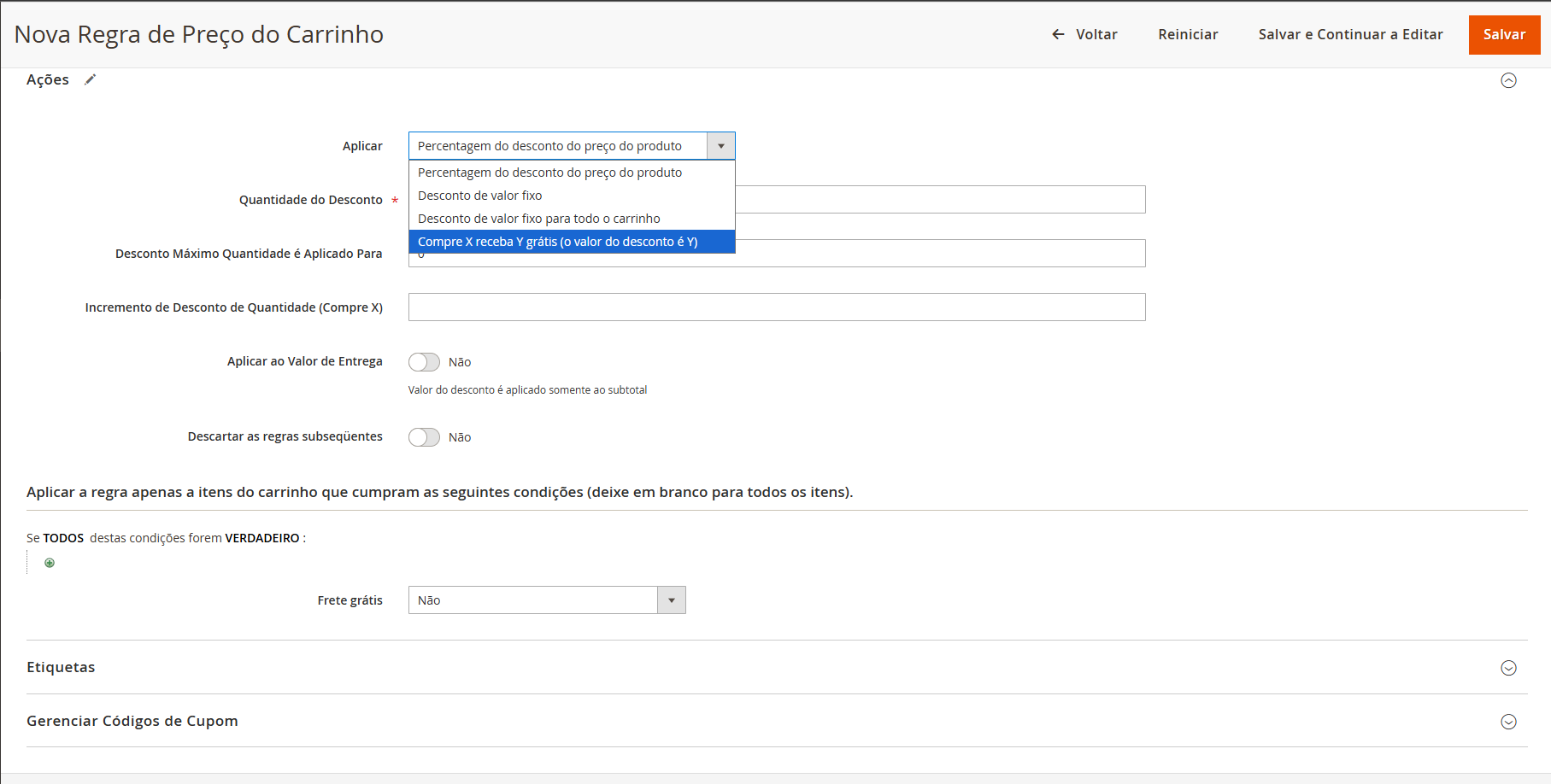 Aba 'Ações' no Magento 2 onde o tipo de desconto, como 'Percentagem do desconto do preço do produto', é selecionado para definir o benefício do cupom.