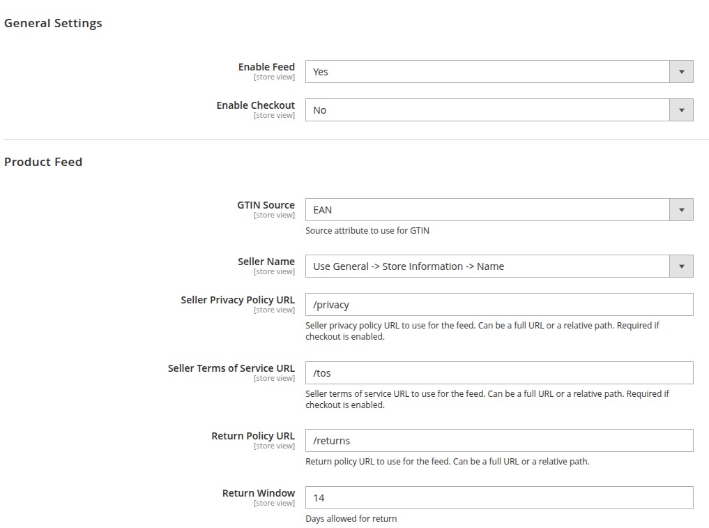 Painel de configuração do módulo Agentic Commerce no Magento 2, mostrando as opções de Feed de Produtos e Checkout.