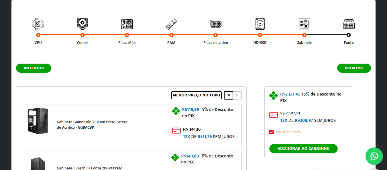 Resumo de preço e peças no módulo Monte seu PC Magento 2