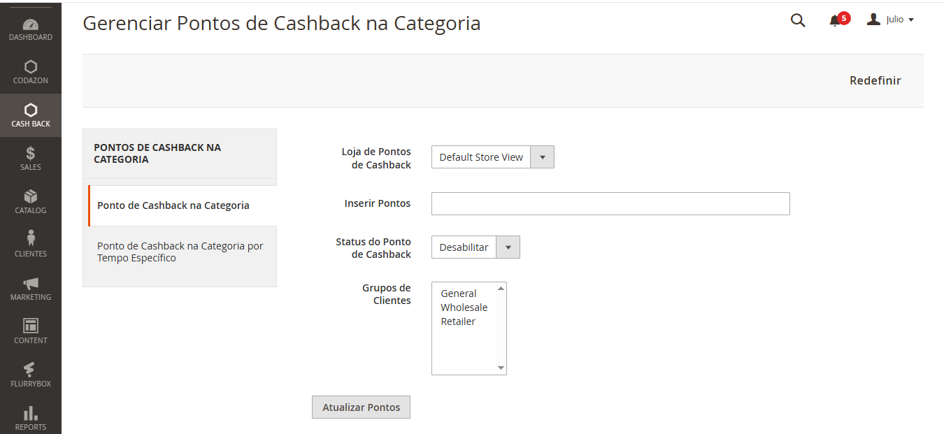 Tela de configuração de cashback massivo por categoria