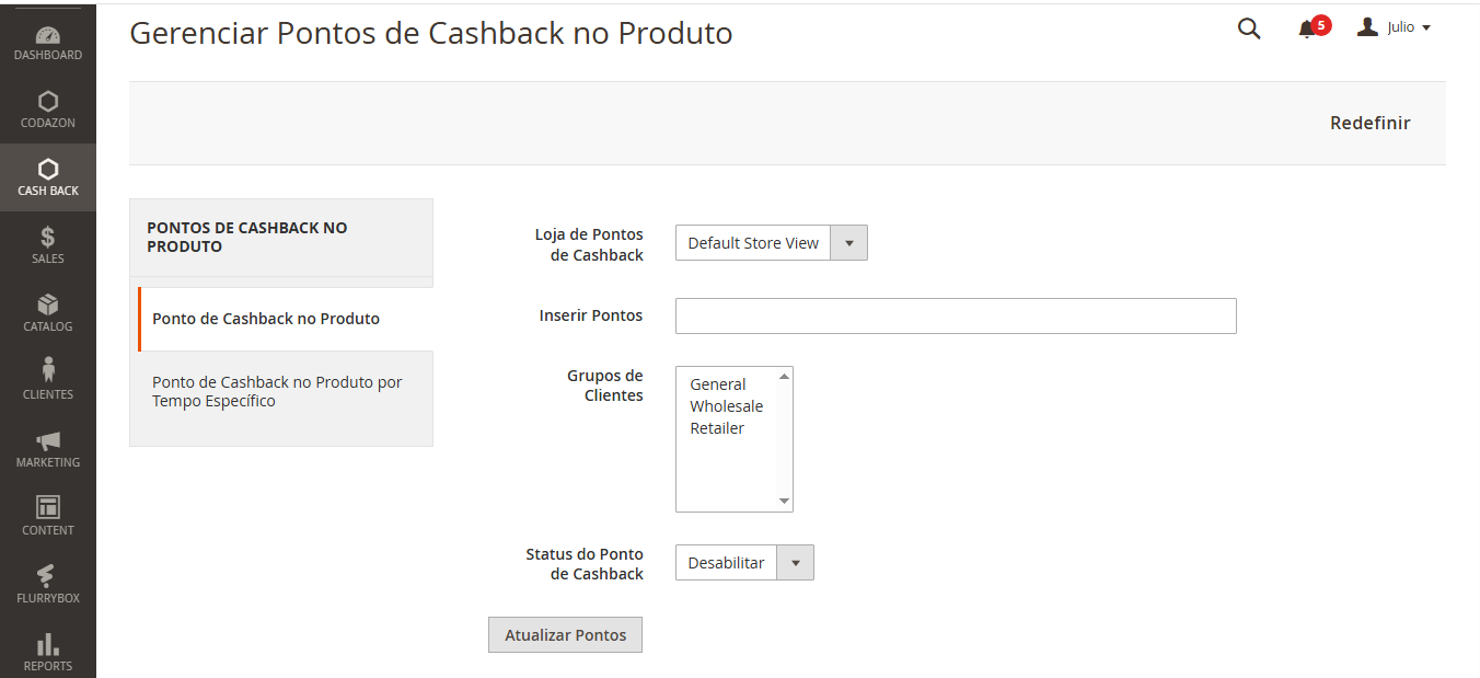 Tela de configuração de cashback individual por produto no Magento 2