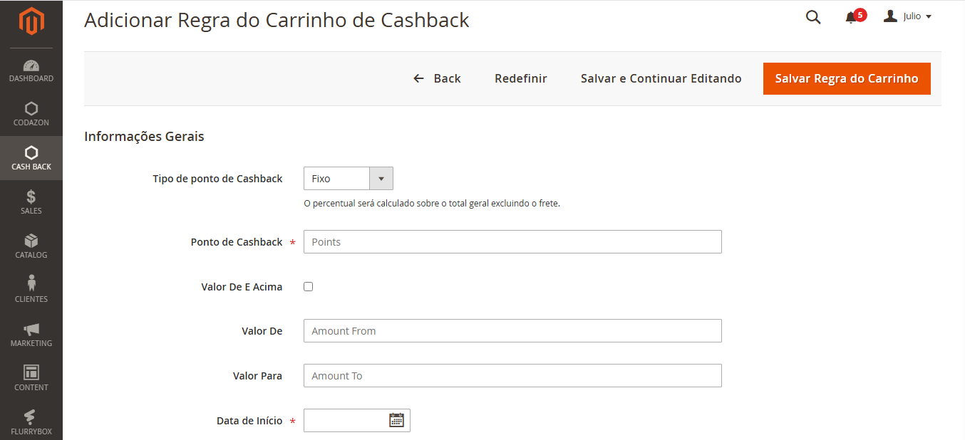 Configuração de regras de carrinho para ganhar cashback