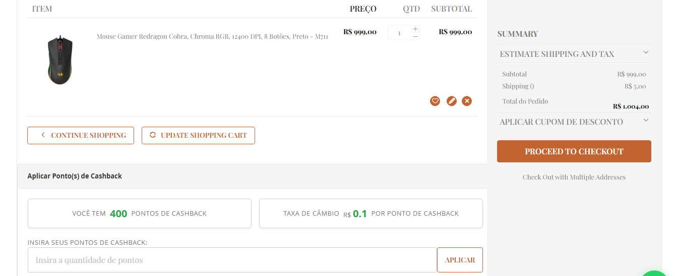 Campo de aplicação de pontos de cashback no carrinho de compras