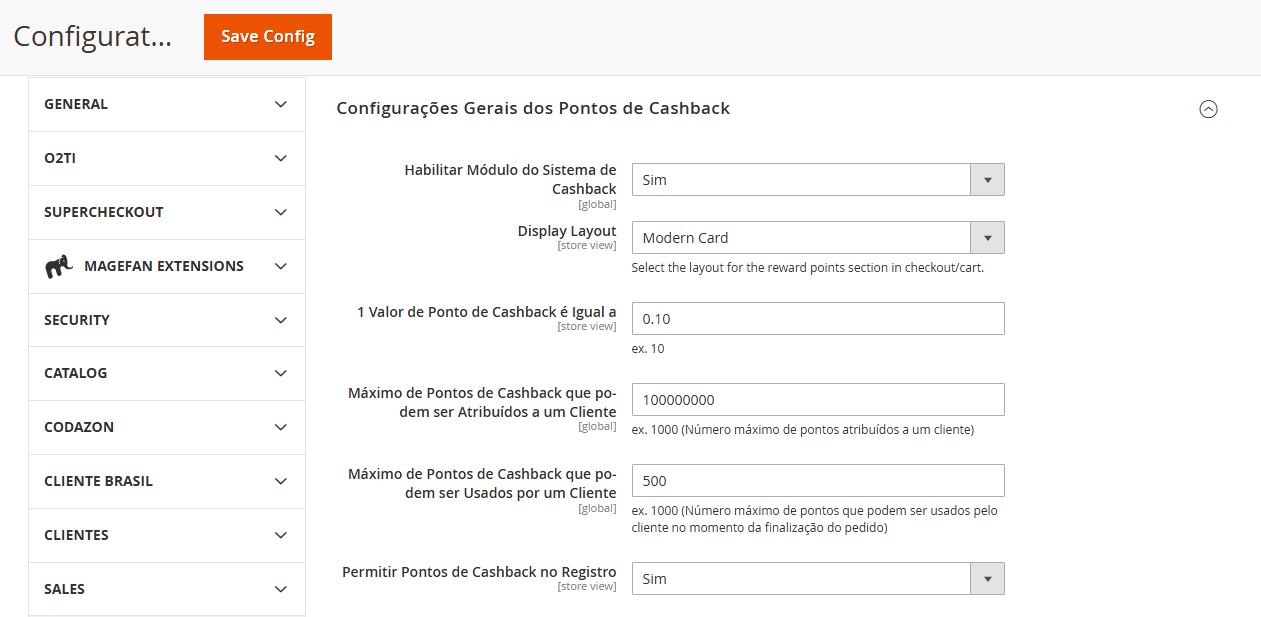 Painel de configurações gerais do módulo de cashback Mage2