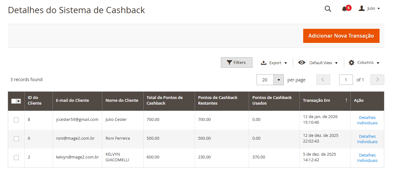 Grid administrativa de gestão de pontos dos clientes