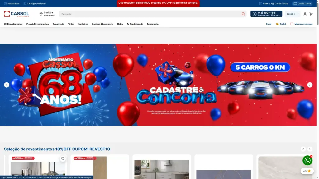 Página inicial da Cassol Centerlar em Magento 2 com Hyvä