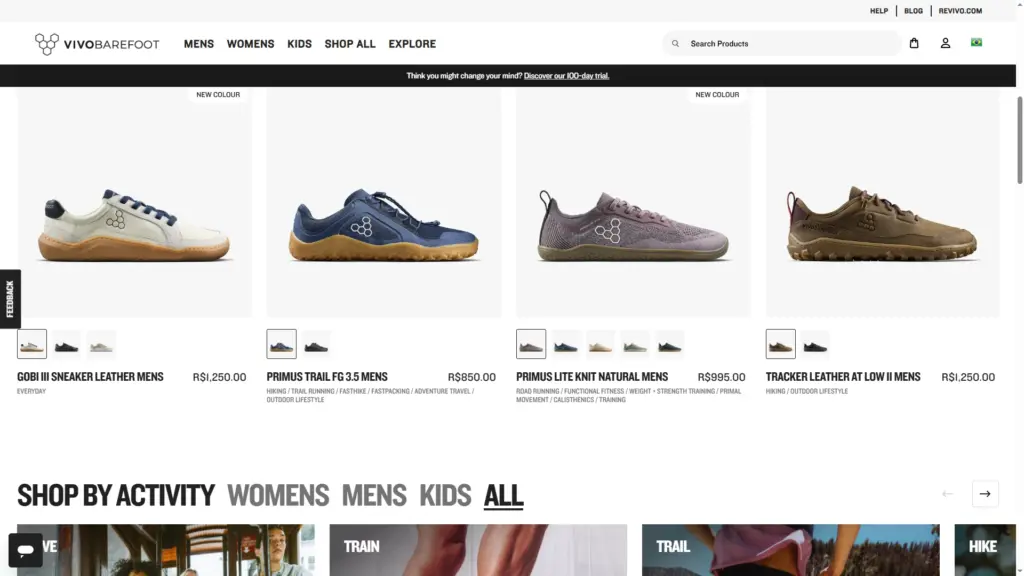 Loja Vivobarefoot analisada como referência de Magento 2 para calçados