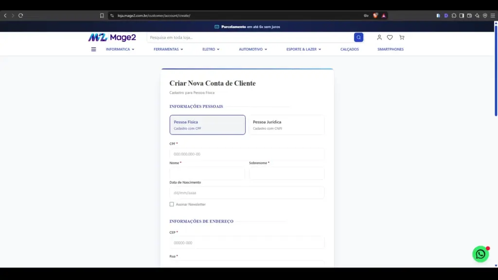 Cadastro de cliente Magento 2 com seleção entre Pessoa Física e Pessoa Jurídica e campo CPF