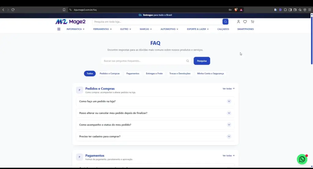 Central de FAQ no Magento 2 com Hyvä Theme, busca e categorias de perguntas