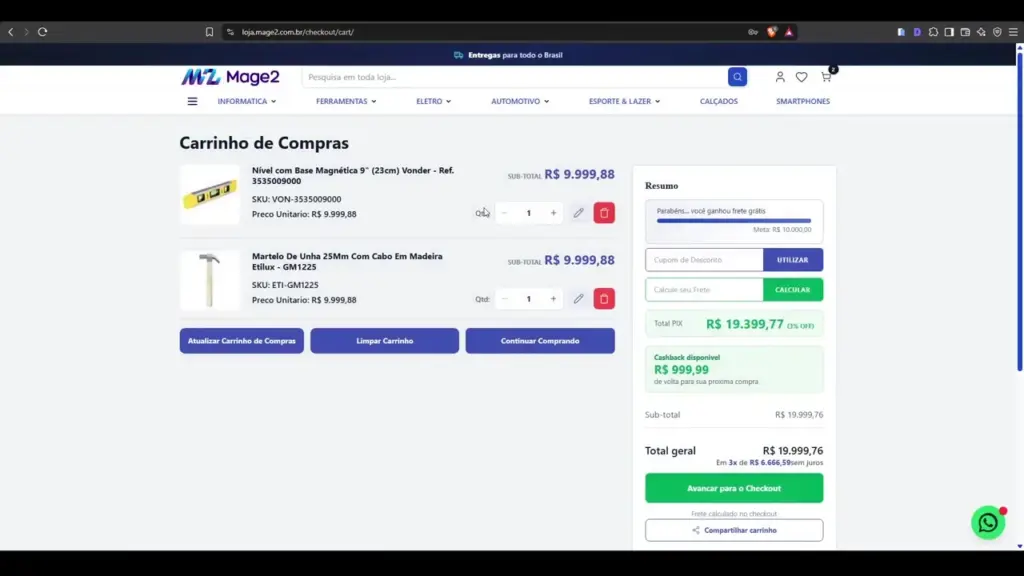Carrinho Magento 2 com botão Compartilhar carrinho na loja Mage2