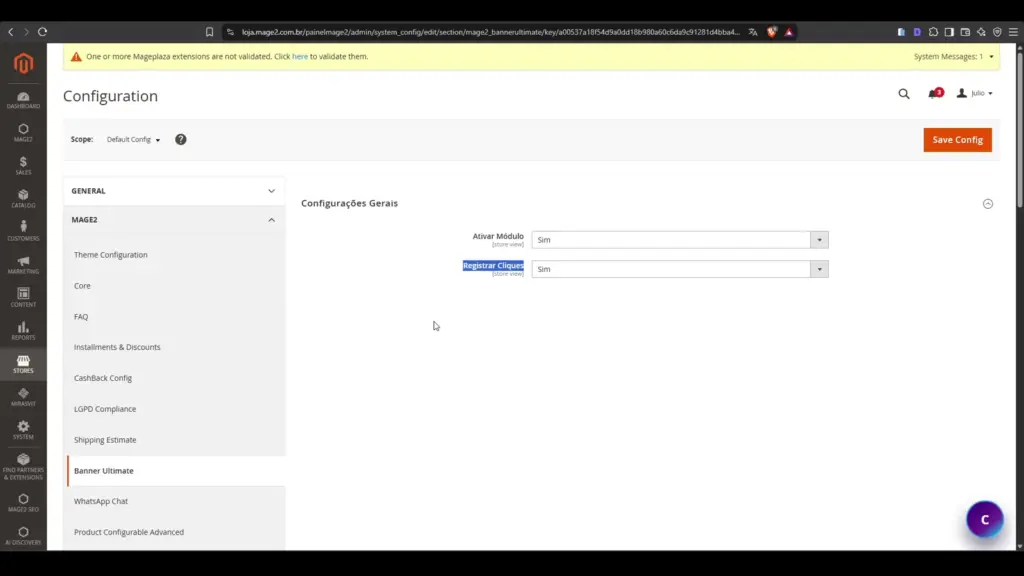 Configuração geral do Mage2 Banner Ultimate no painel administrativo do Magento 2
