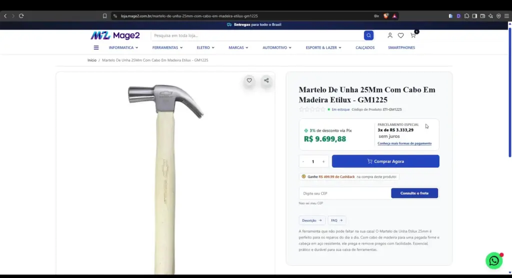 Página de produto Magento 2 com Hyvä mostrando desconto no Pix e melhor parcelamento