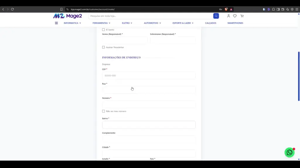 Campos de cadastro e endereço no fluxo de cliente empresarial no Magento 2
