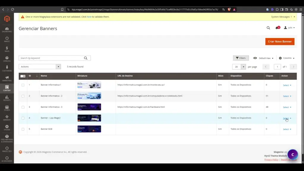 Tela Gerenciar Banners do Mage2 Banner Ultimate no Magento 2