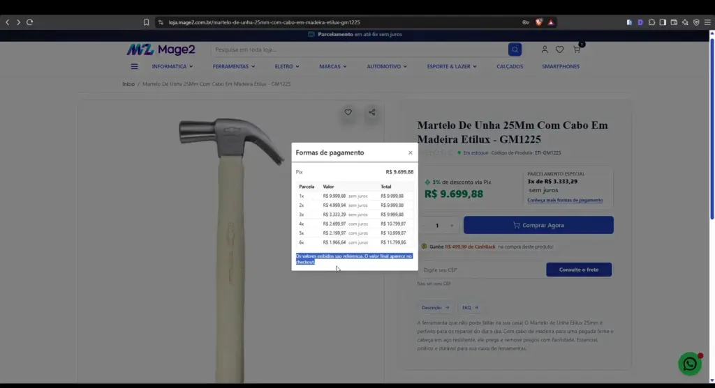 Modal de formas de pagamento com parcelas sem juros e com juros no Magento 2