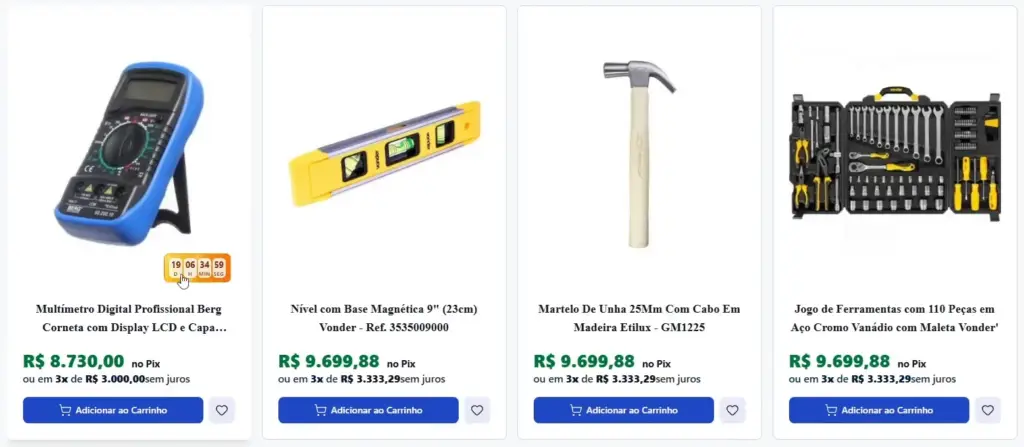 Contagem regressiva em formato de selo no card do produto participante da campanha.
