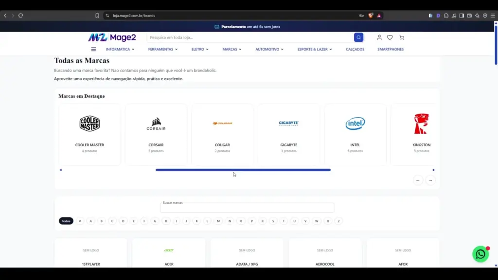 Página Todas as Marcas com destaques, busca e filtro alfabético no Magento 2