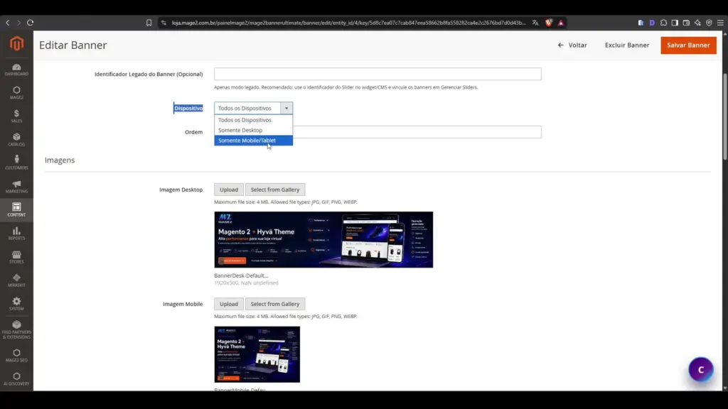 Cadastro de imagem desktop e imagem mobile no Banner Ultimate para Magento 2