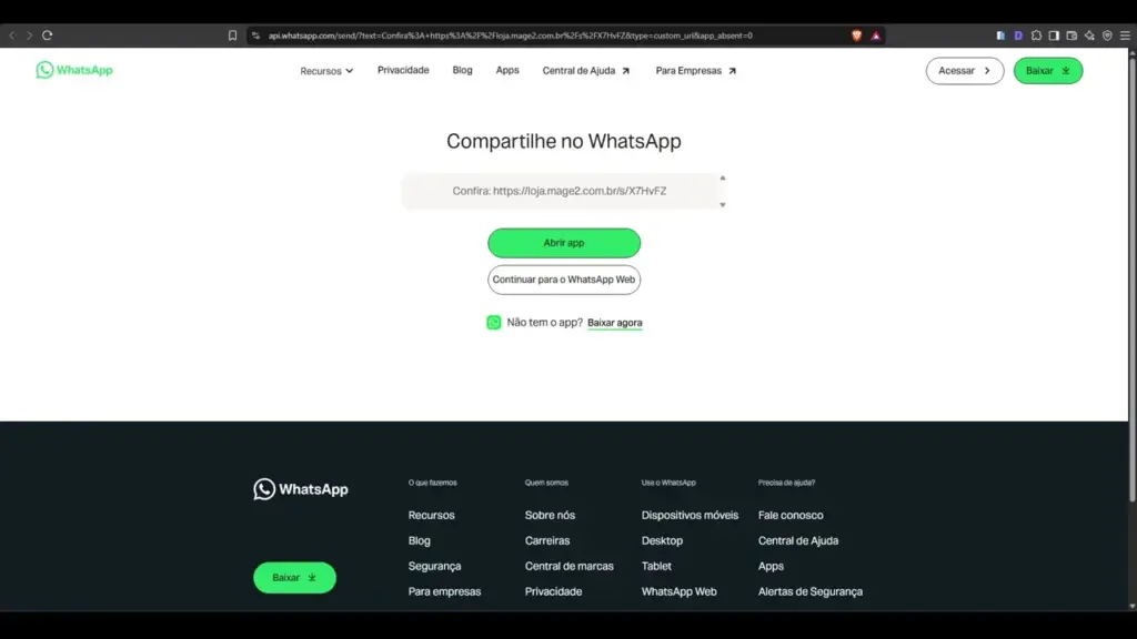 Tela de compartilhamento do WhatsApp com link curto de carrinho Magento 2