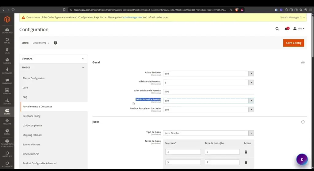Configuração geral do Mage2 Installments com máximo de parcelas e valor mínimo da parcela