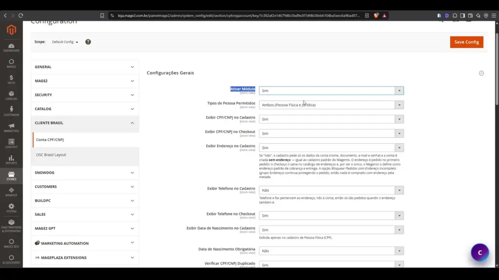 Configurações gerais do módulo CPF e CNPJ no painel administrativo do Magento 2