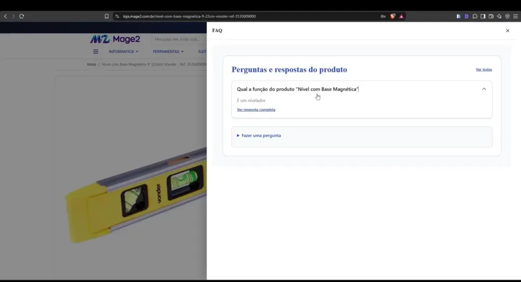 Painel de perguntas e respostas do produto com opção para enviar nova pergunta
