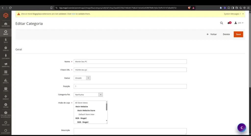 Cadastro de categoria de FAQ com URL, status, posição, categoria pai e Store View