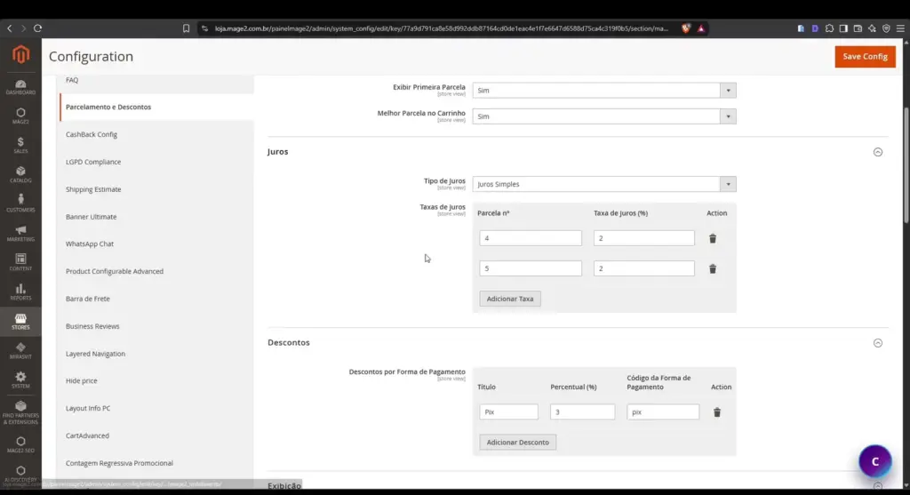 Configuração de juros por parcela e desconto Pix por forma de pagamento no Mage2 Installments