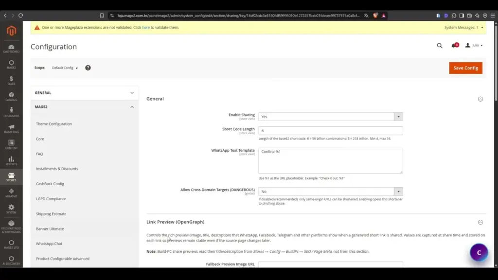 Configuração do Mage2 Sharing no painel administrativo do Magento 2