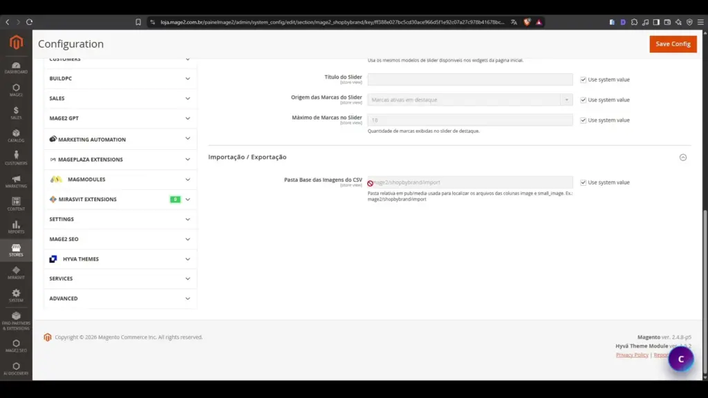 Configuração de importação e exportação de marcas no Mage2 ShopByBrands