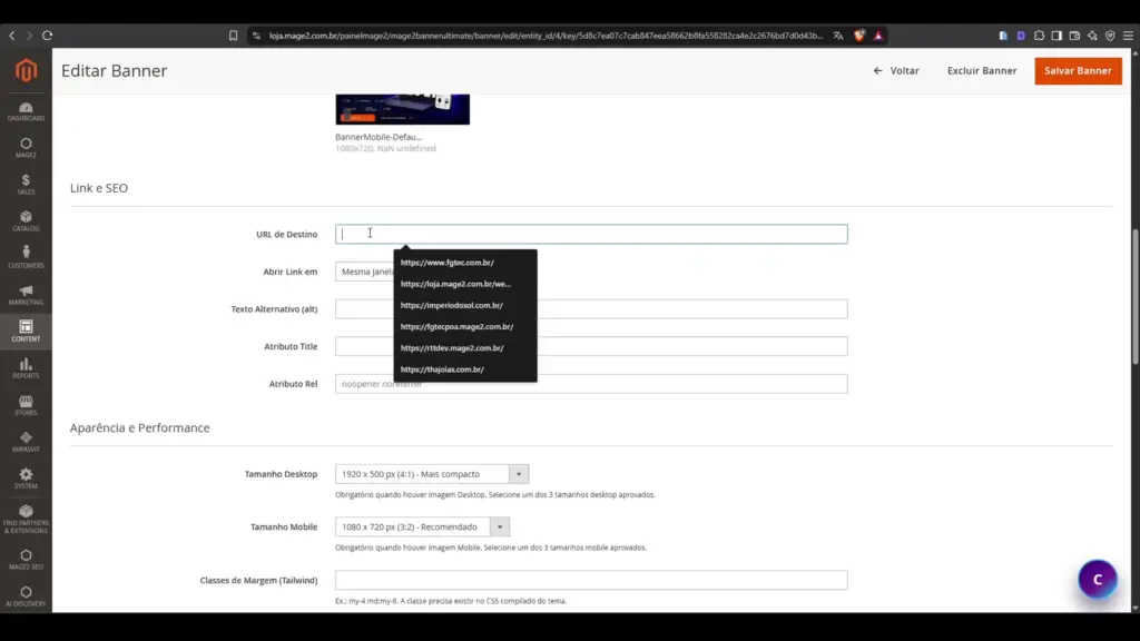 Configuração de URL, texto alternativo e atributos de SEO de banner no Magento 2