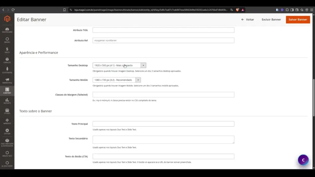 Configuração de aparência, performance e textos do banner no Mage2 Banner Ultimate
