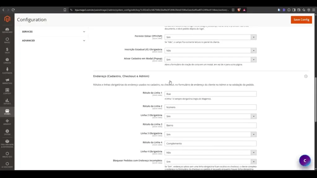Configuração de rua, número, bairro e complemento no endereço Magento 2