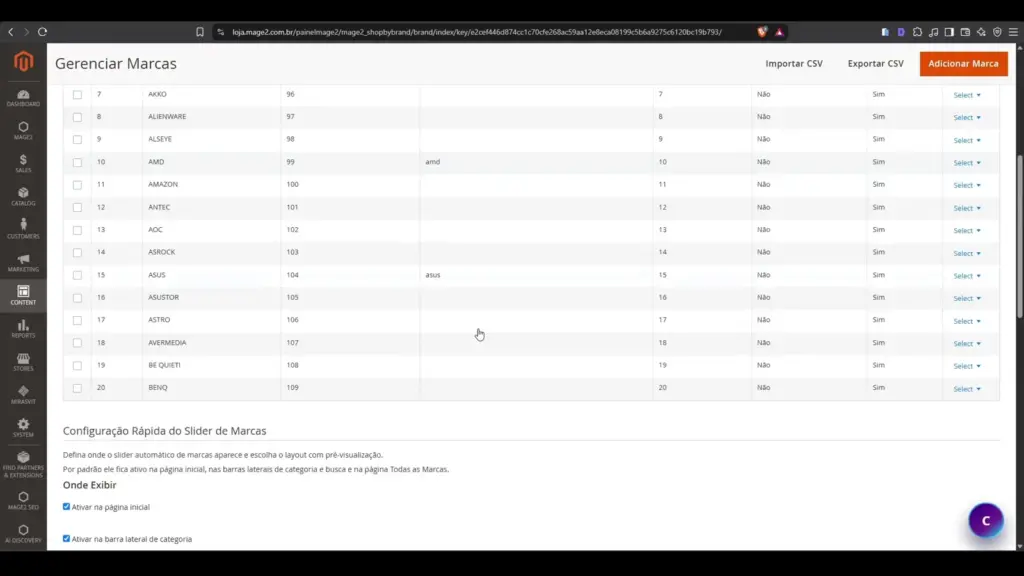 Tela de gerenciamento de marcas com lista, status e ações no Magento 2
