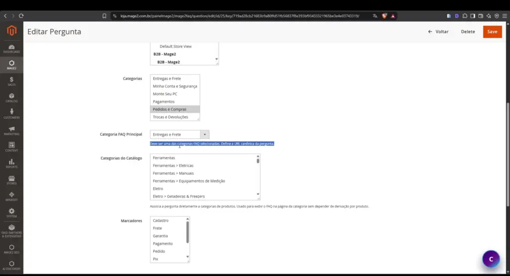 Cadastro de pergunta vinculada a categorias de FAQ e categorias do catálogo Magento 2