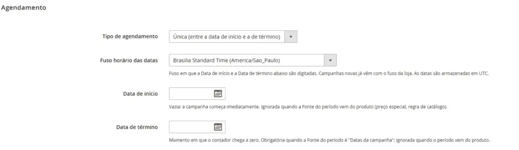 Campos de tipo de agendamento, fuso horário, data de início e data de término.