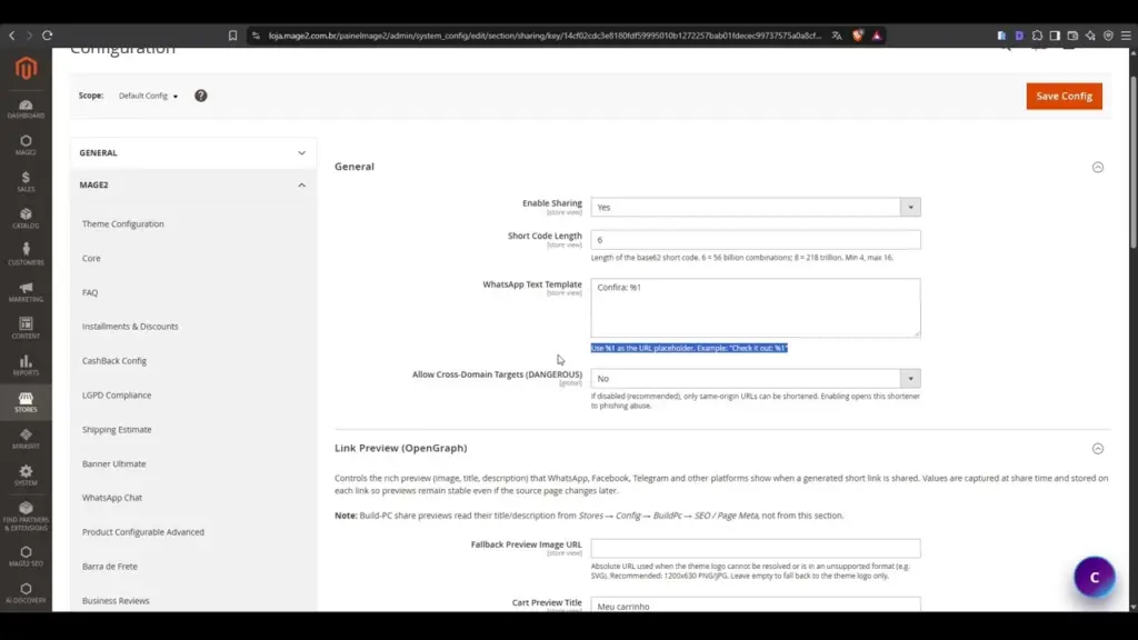 Configuração de template WhatsApp e segurança de URLs no Mage2 Sharing