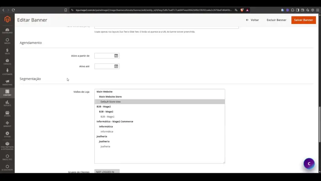 Agendamento e segmentação de banner por Store View e grupo de clientes no Magento 2