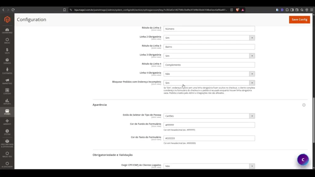 Configuração de aparência do seletor Pessoa Física e Pessoa Jurídica no módulo Magento 2