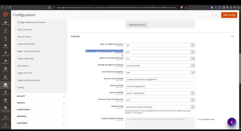 Configuração do modal, layout e modelo visual do Mage2 Installments