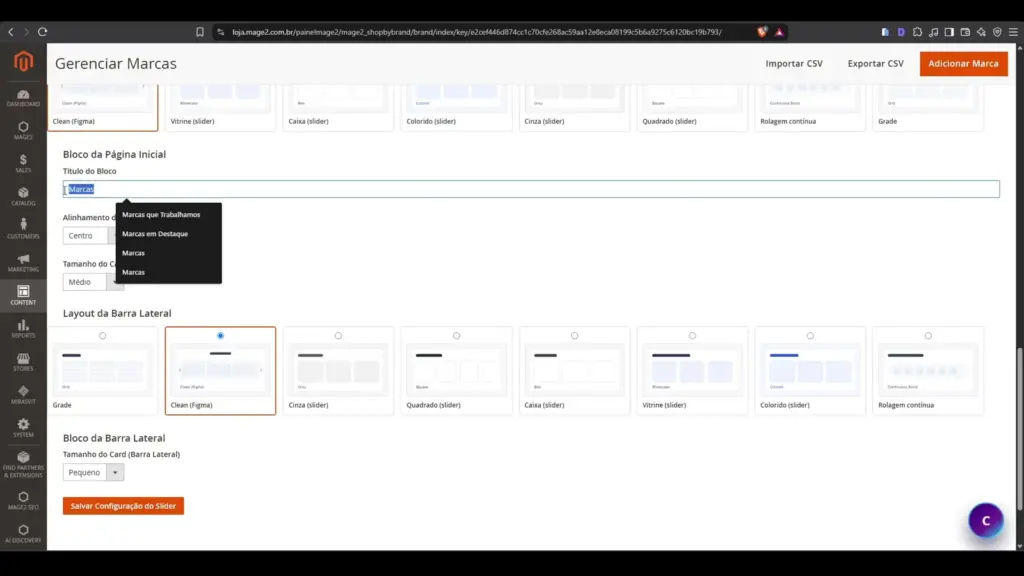 Configuração rápida do slider de marcas com layouts e posições
