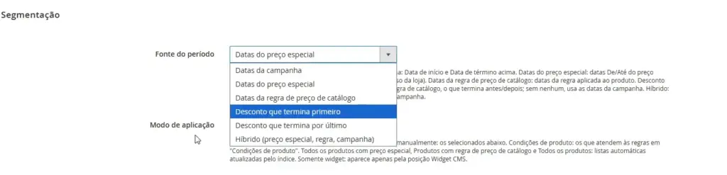 Menu Fonte do período com datas da campanha, preço especial, regra de catálogo e estratégias combinadas.