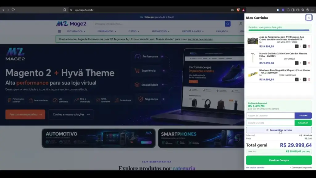 Minicart Magento 2 Hyva com botão Compartilhar carrinho