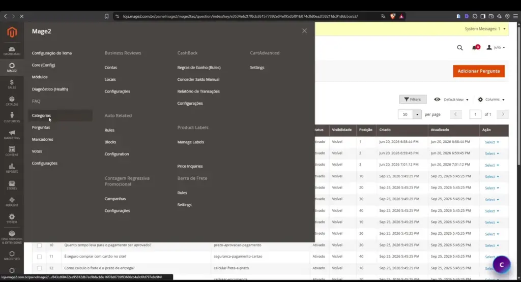 Área administrativa do Mage2 FAQ com categorias, perguntas, marcadores, votos e configurações