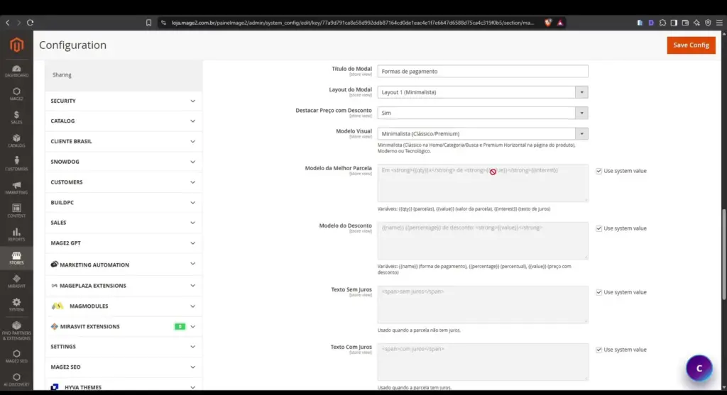Modelos de texto para melhor parcela, desconto, sem juros e com juros no módulo Mage2 Installments