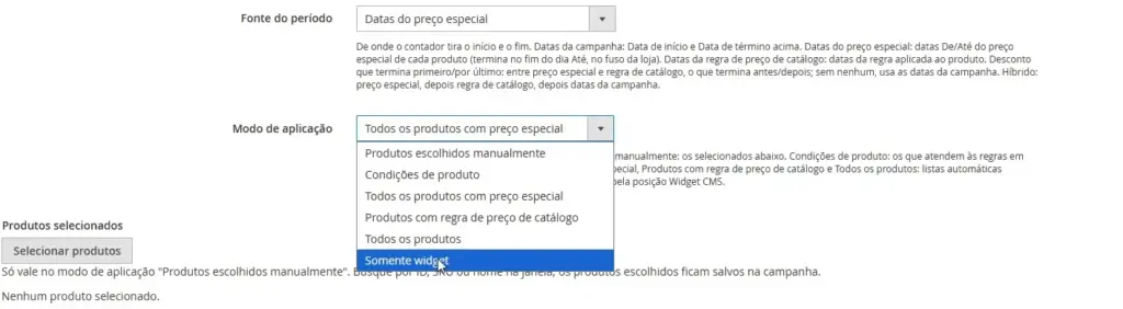 Menu de seleção de produtos por lista manual, condições, preço especial, regra de catálogo, todos os produtos ou widget.