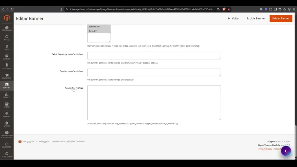 Regras de páginas e condições de exibição do Banner Ultimate no Magento 2