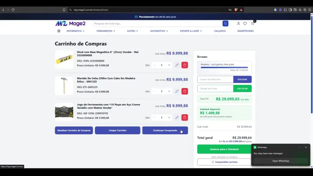 Carrinho Magento 2 com vários produtos e recurso de compartilhamento